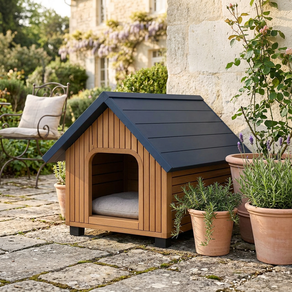 Cabane pour chat installée sur une terrasse de jardin