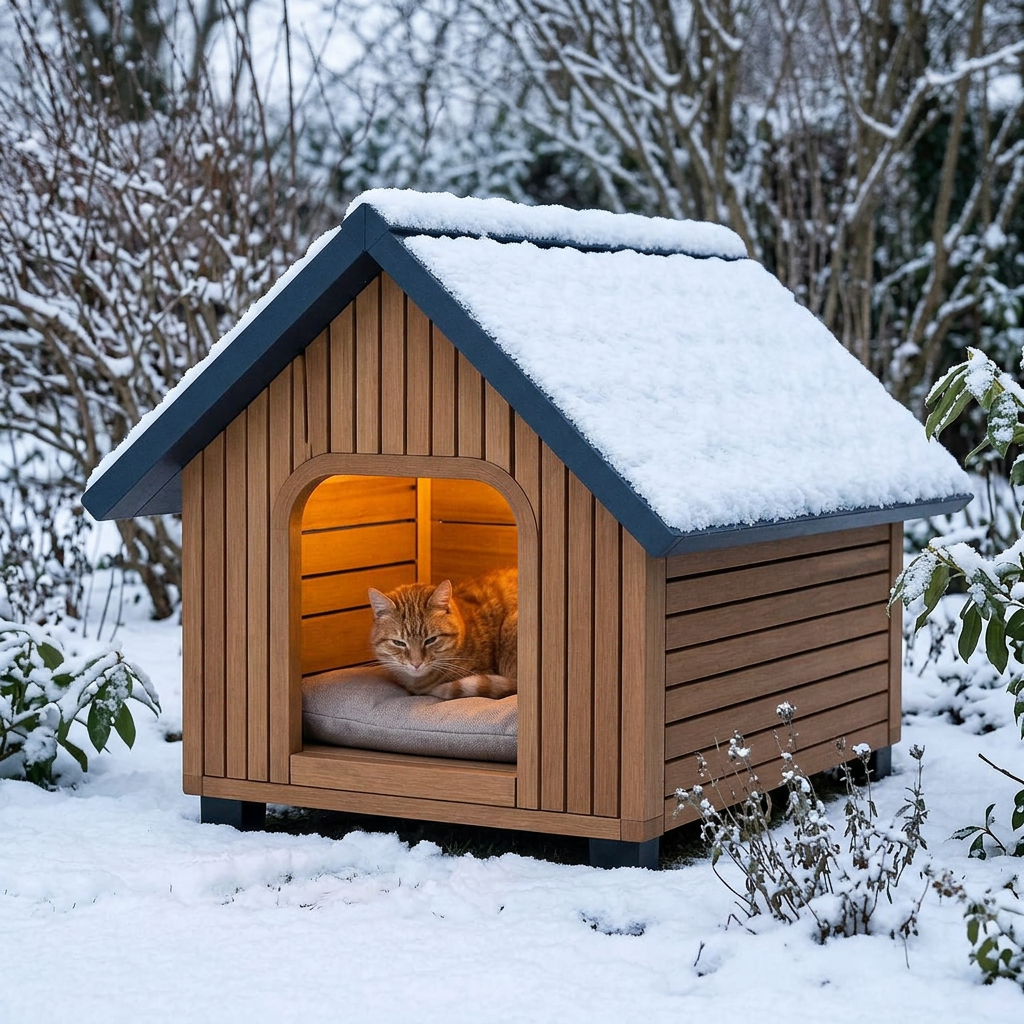 Niche pour chat extérieur sous la neige