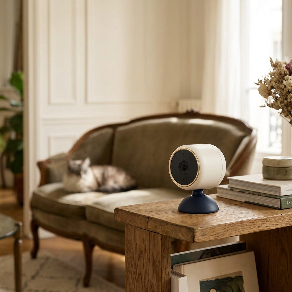 Caméra de surveillance connectée posée dans un salon