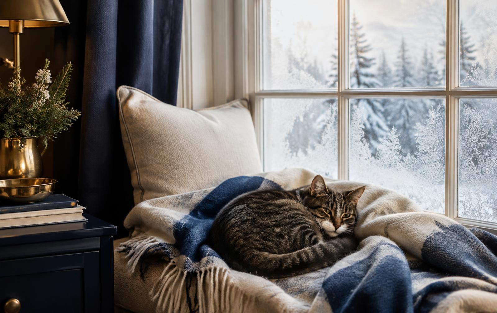 Chat tigré roulé en boule sur un plaid près d'une fenêtre givrée