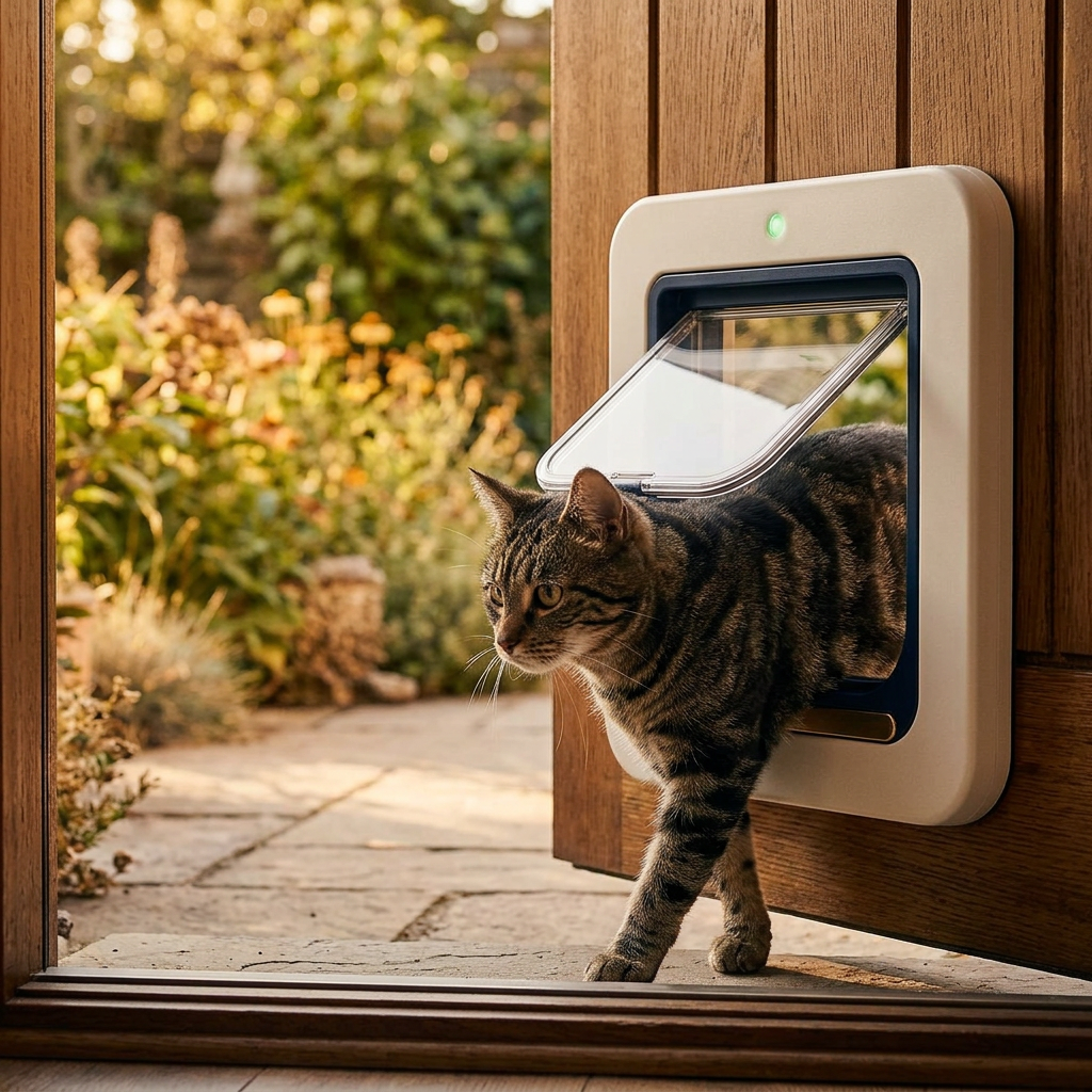 Chat franchissant une chatière connectée