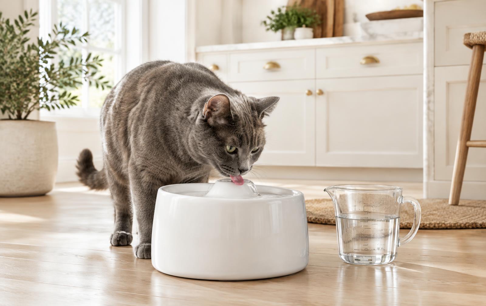 Chat gris buvant à une fontaine à eau blanche à côté d'un verre doseur