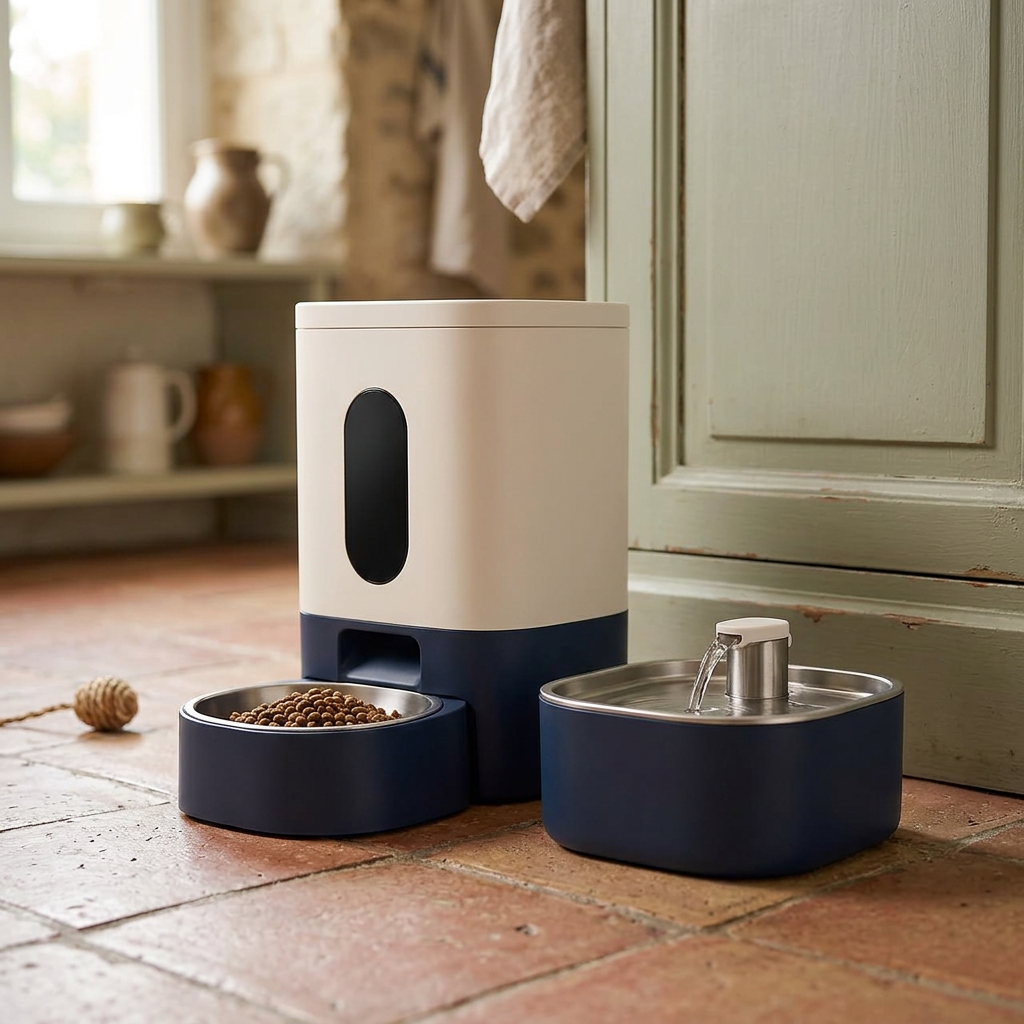 Distributeur automatique de croquettes dans une cuisine