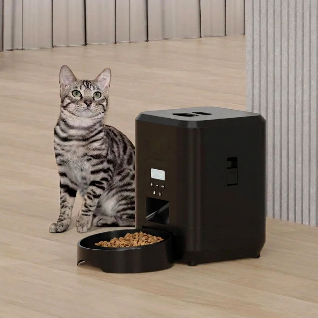 Distributeur automatique de croquettes dans une cuisine