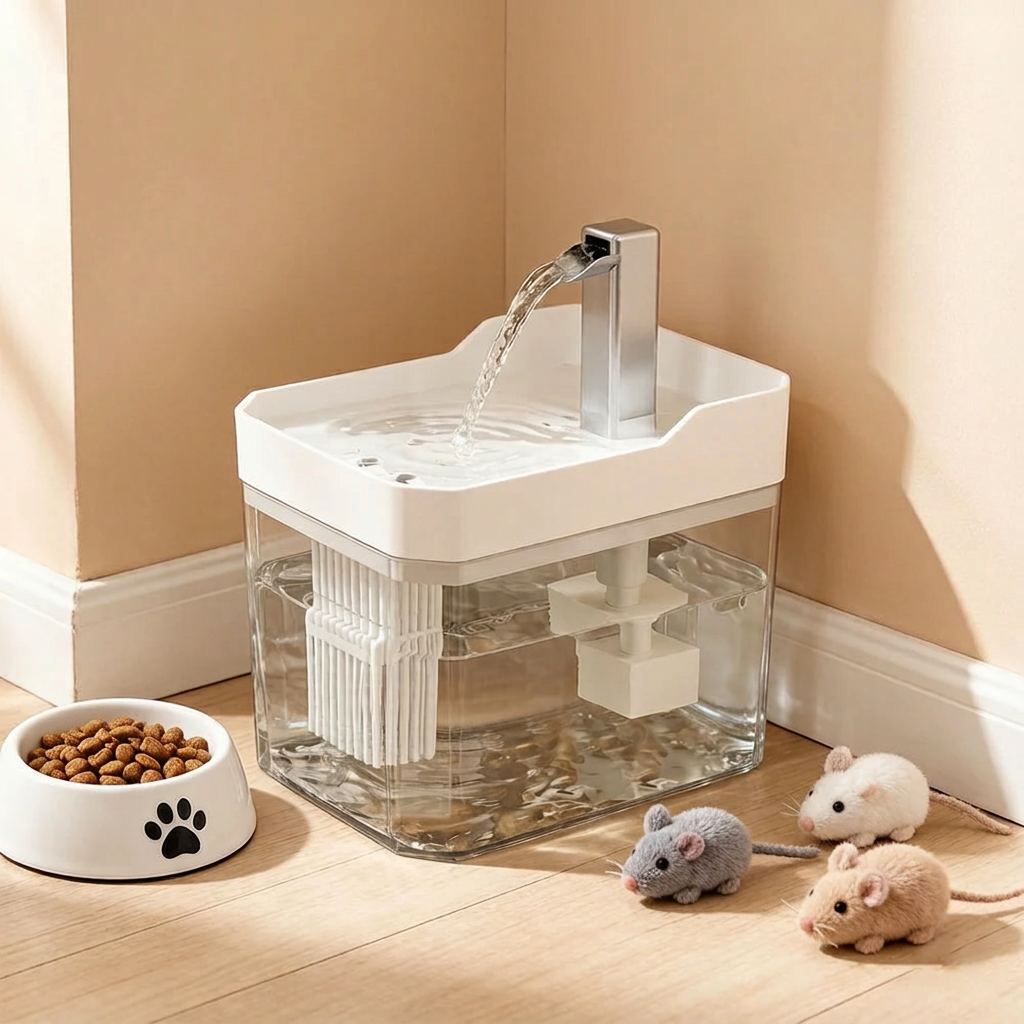 Fontaine à eau posée dans une cuisine, à distance de la gamelle