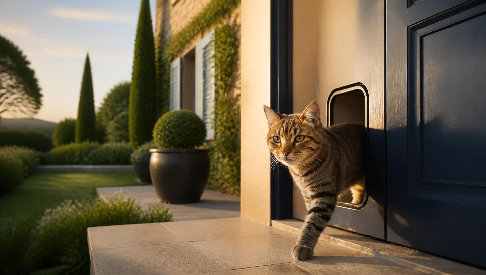 Chat sortant par une chatière électronique vers un jardin aménagé