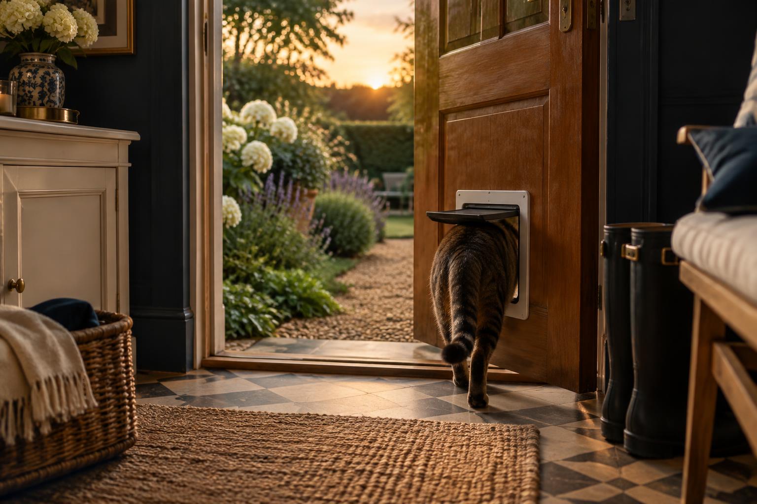 Chat tigré franchissant une chatière vers un jardin au coucher du soleil